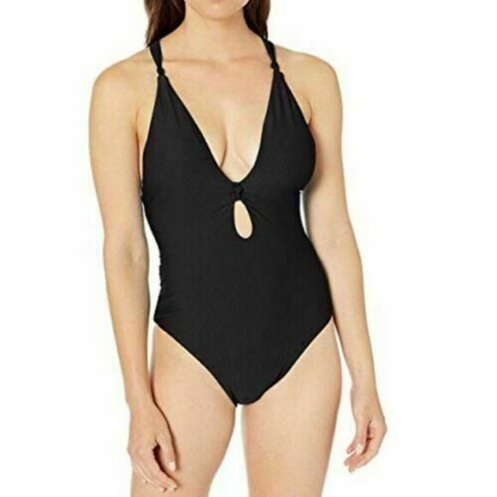 Bar III Like it or Knot Black Ribbed Keyhole One Piece Swimsuit Small New